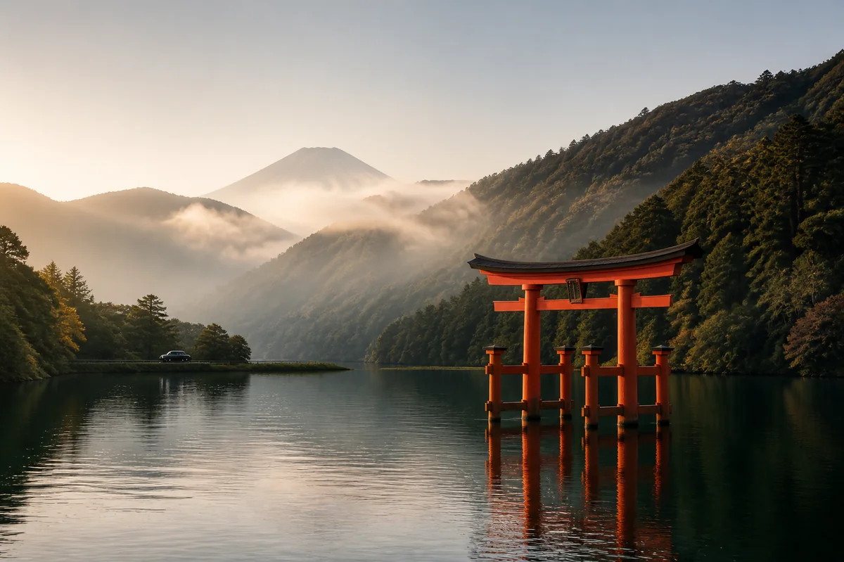 Lake Ashi and torii gate in Hakone