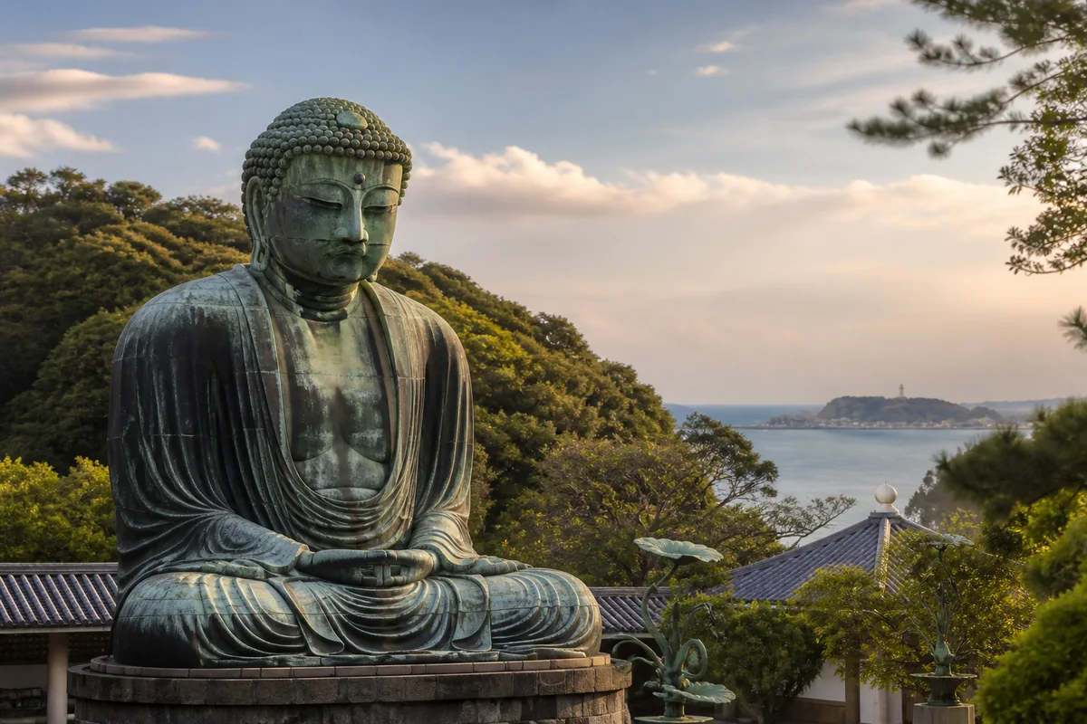 Great Buddha of Kamakura with the Enoshima coast